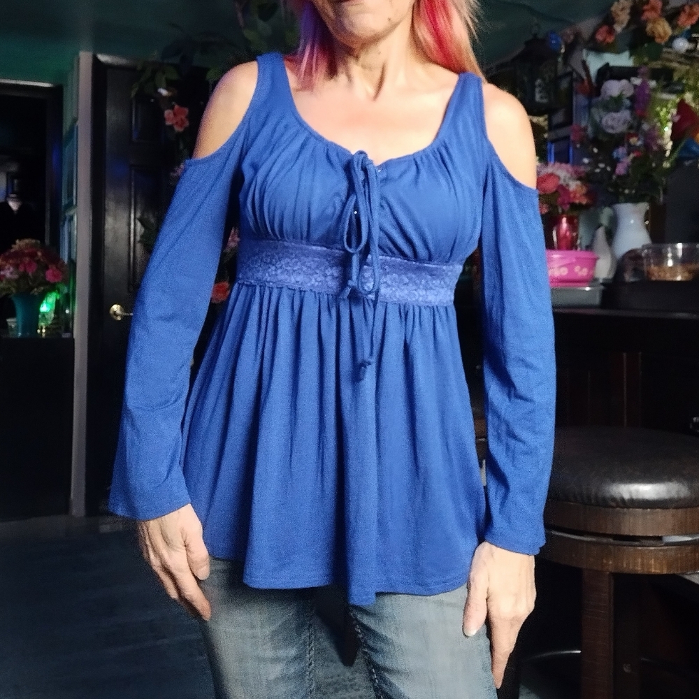 NWOT Bright Blue Cold Shoulder Top